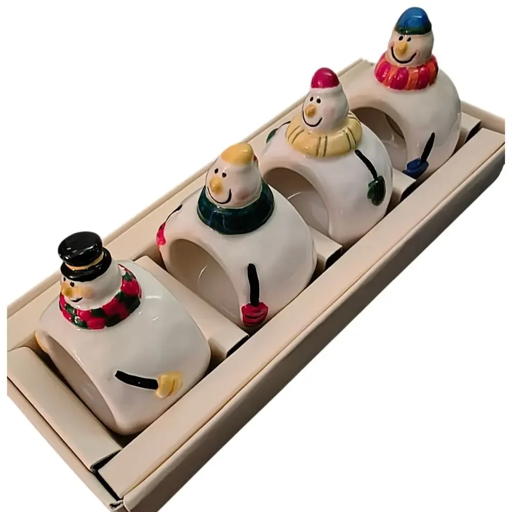 Set of 4 Williams Sonoma Snowman Ceramic Napkin Rings Holiday Christmas